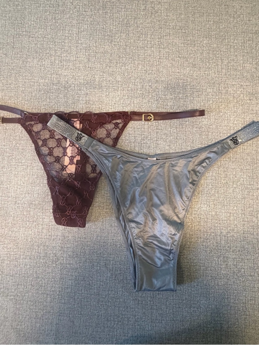Victoria's Secret Gray Satin and Burgundy Lace Thong Set